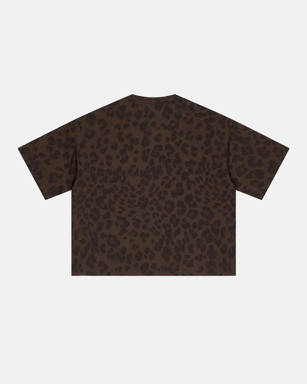 Leopard print boxy T-shirt by INFLATION featuring bold animal print pattern and relaxed fit, styled on a mannequin.