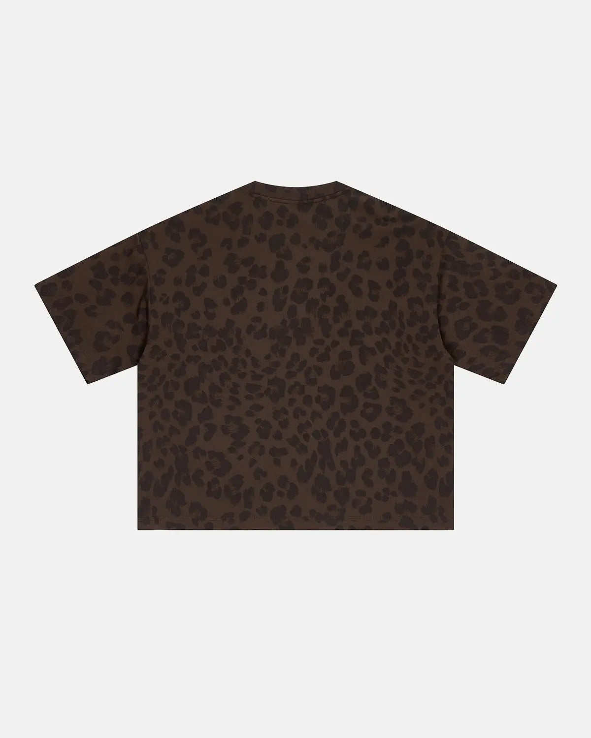 Leopard print boxy T-shirt by INFLATION featuring bold animal print pattern and relaxed fit, styled on a mannequin.