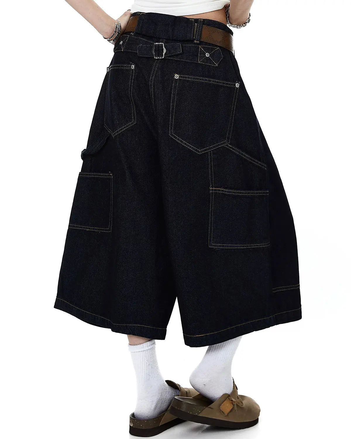INFLATION Cinch Back Buttons Up Cargo Jorts featuring a relaxed fit, cargo pockets, and button details on denim shorts.