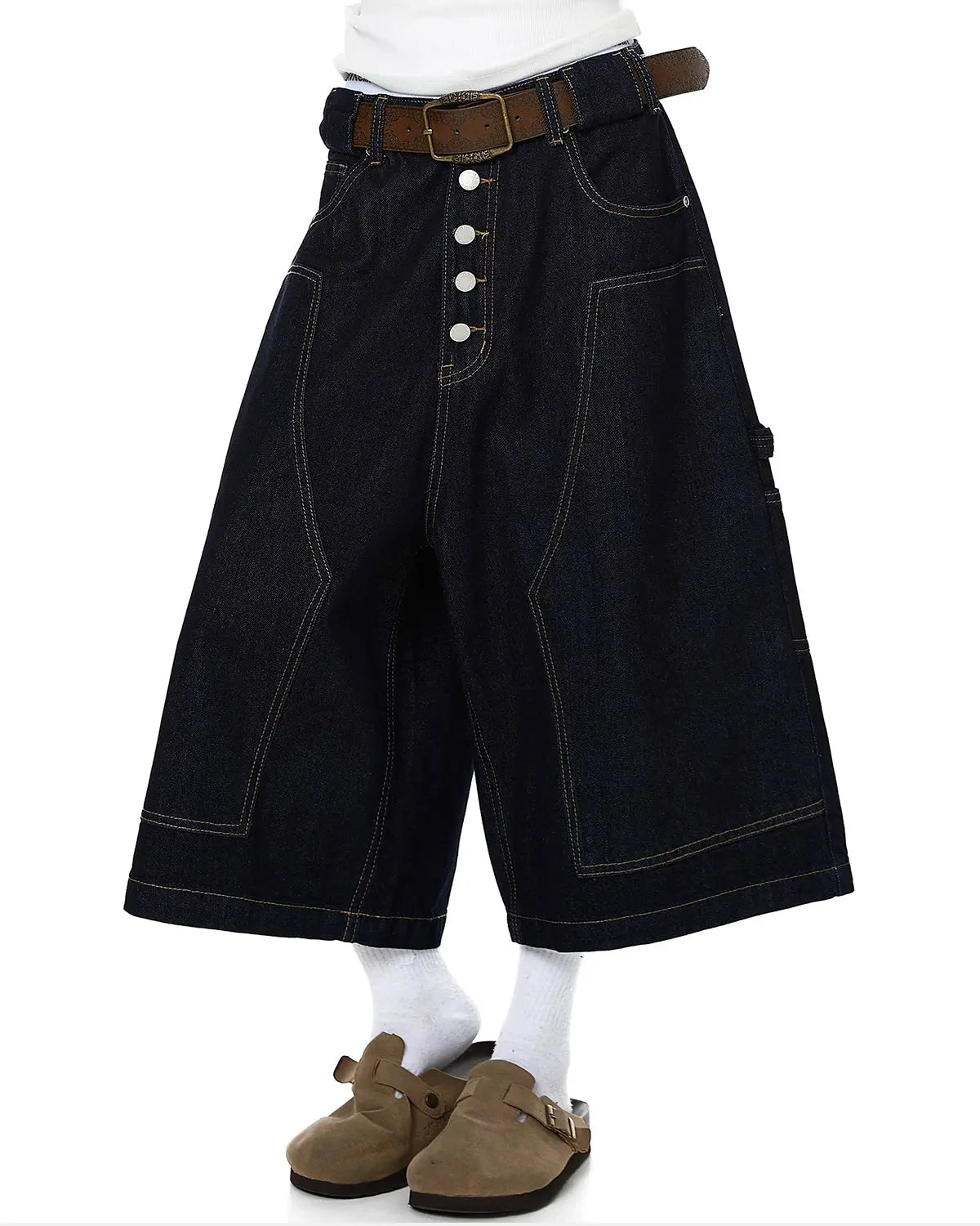 Cinch back buttons up cargo jorts by INFLATION, featuring distressed denim, cargo pockets, and a relaxed streetwear style.