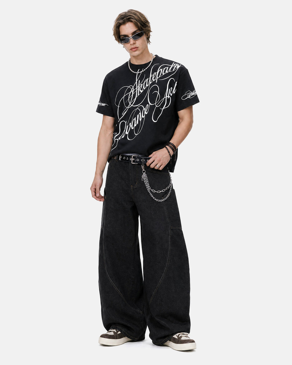 Black Inflation Streetwear all-over script graphic T-shirt with bold print, casual fit, and comfortable fabric.