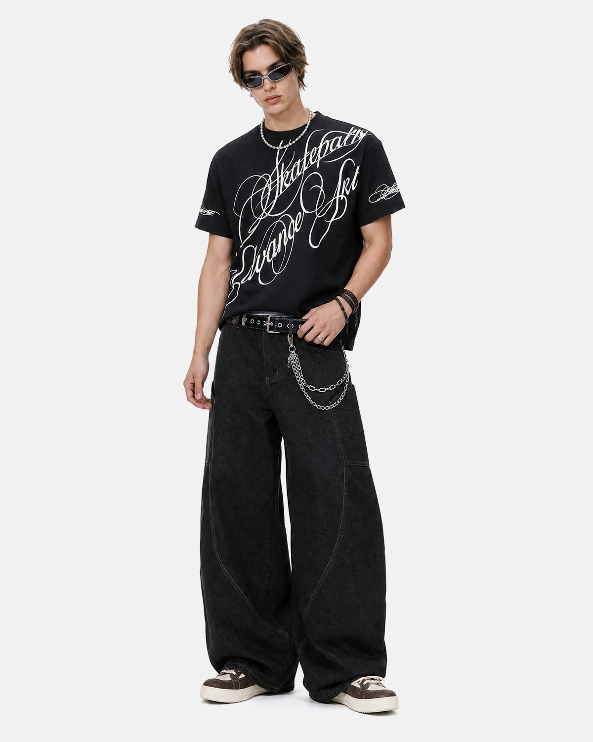 Black Inflation Streetwear all-over script graphic T-shirt with bold print, casual fit, and comfortable fabric.