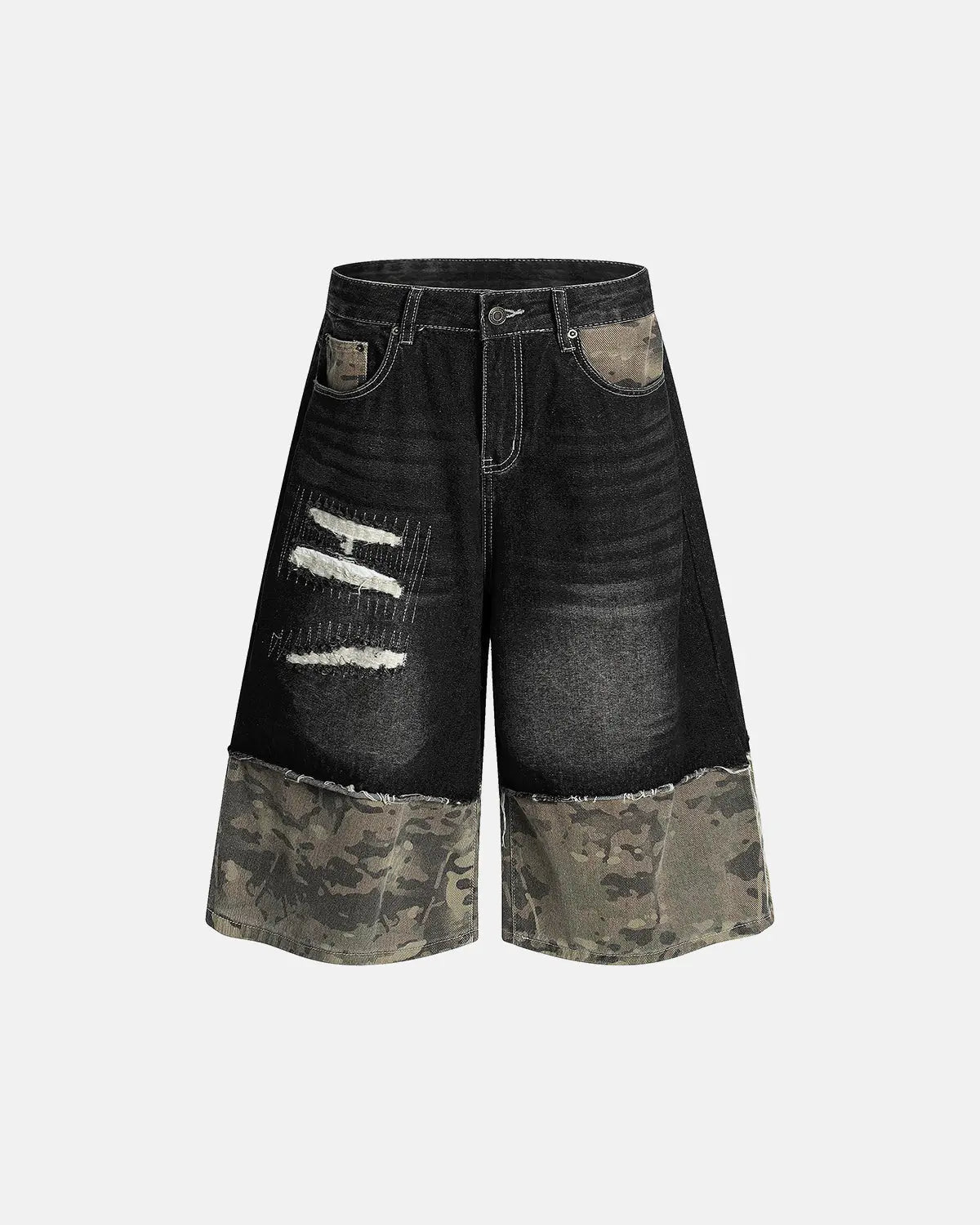 Inflation brand camo patchwork washed denim jorts, casual pants with distressed detailing and patchwork design.