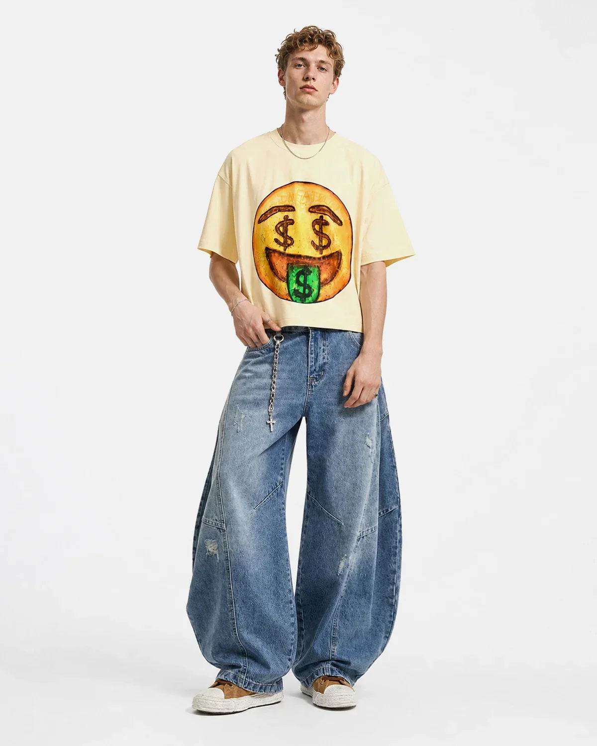 Acid washed distressed barrel jeans from INFLATION Streetwear featuring a relaxed fit and rugged, faded denim style.
