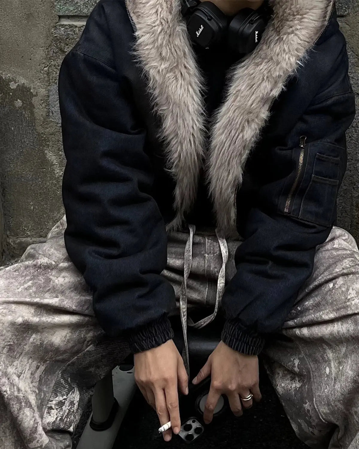 Faux fur lined acid wash bomber jacket from Inflation Streetwear, featuring a relaxed fit and stylish streetwear design.