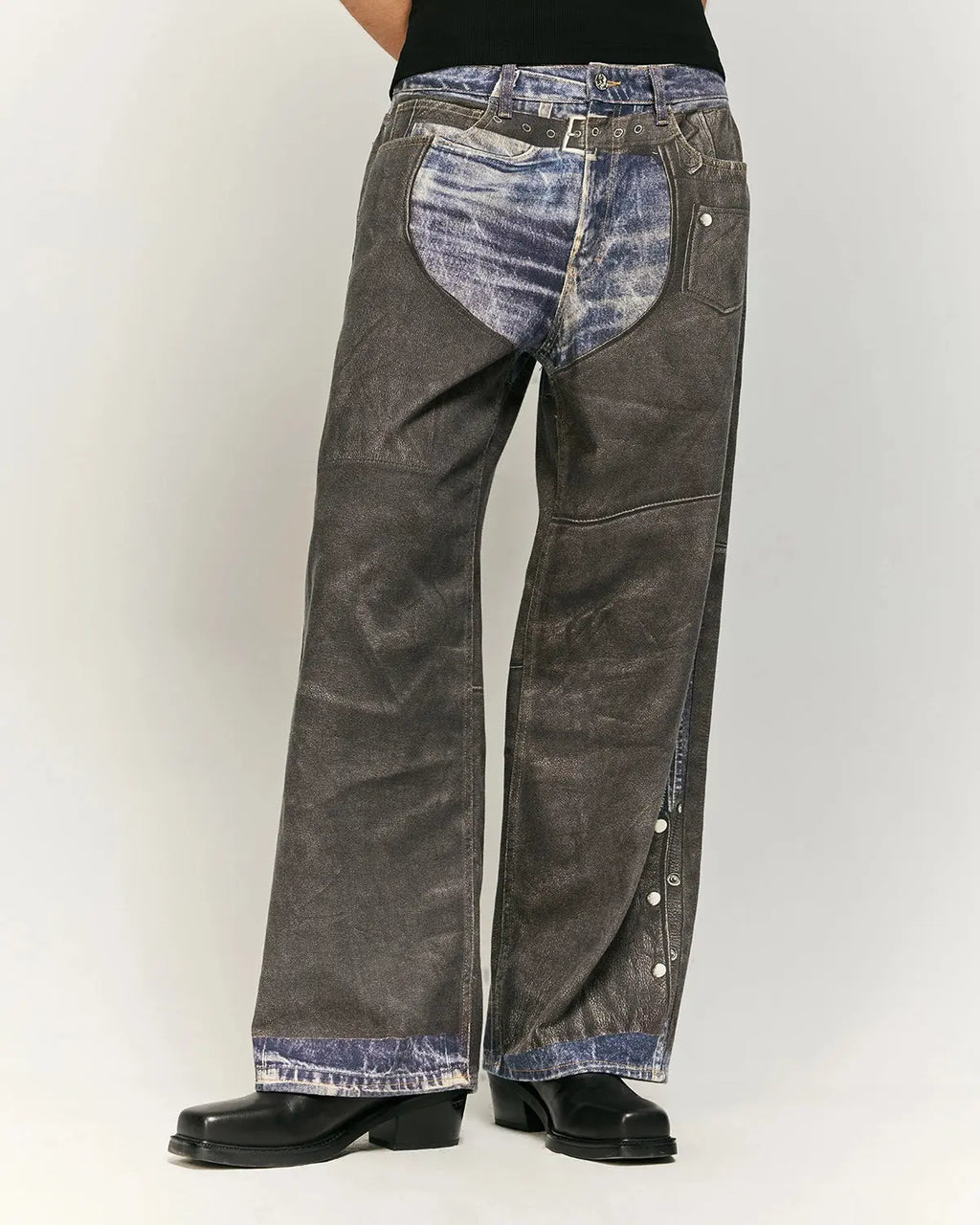 Colorblock digital print cotton jeans by INFLATION, featuring vibrant color panels and classic denim style.