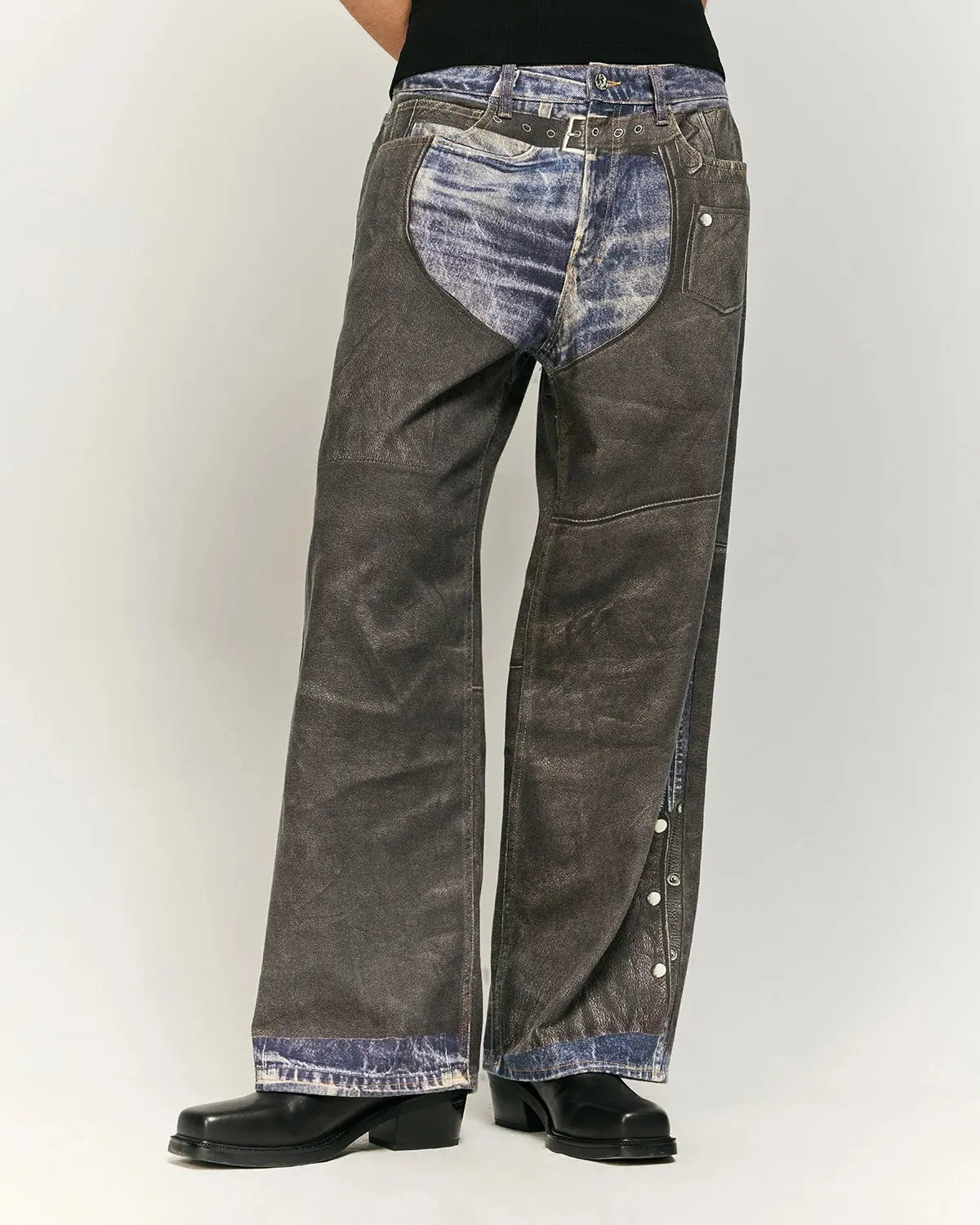 Colorblock digital print cotton jeans by INFLATION, featuring vibrant color panels and classic denim style.