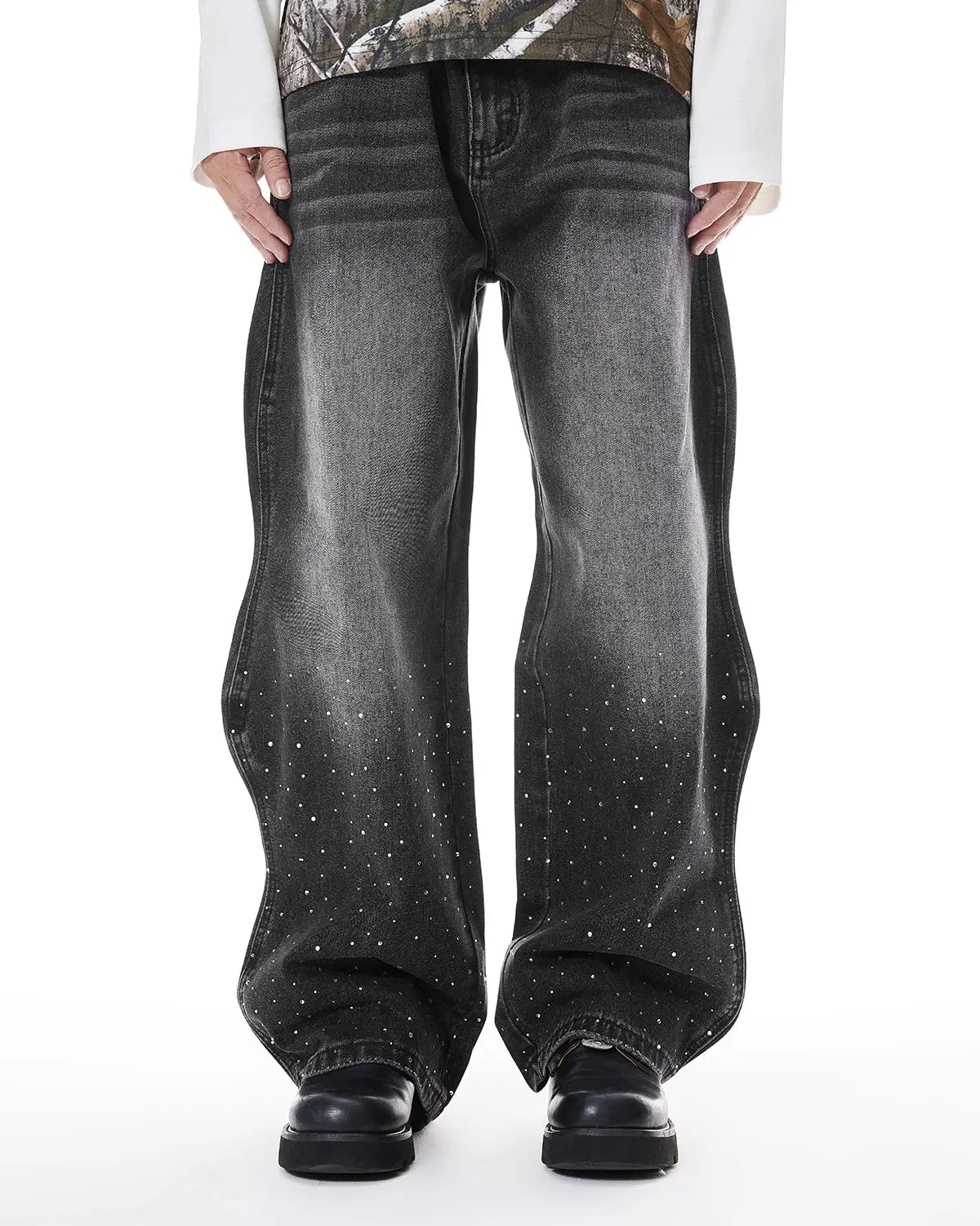 Rhinestone wavy baggy jeans by INFLATION featuring streetwear style with rhinestone embellishments and a relaxed fit.