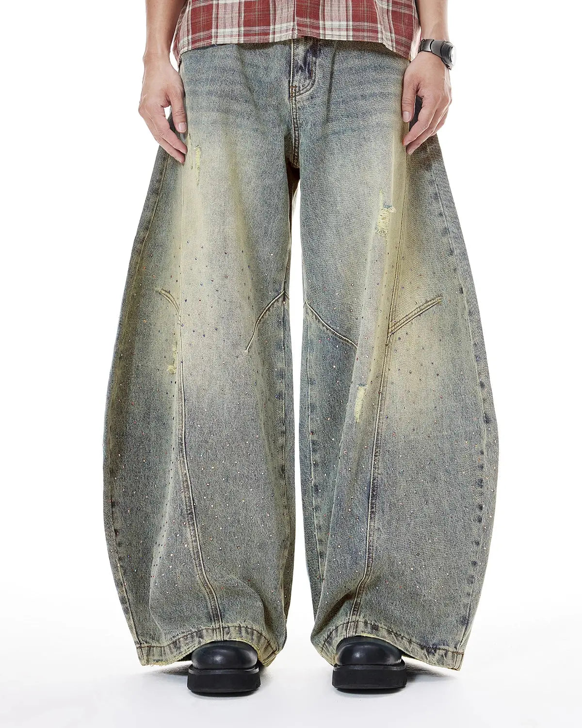 Colorful rhinestones ripped baggy jeans by INFLATION, featuring distressed details and vibrant embellishments, casual streetwear style.
