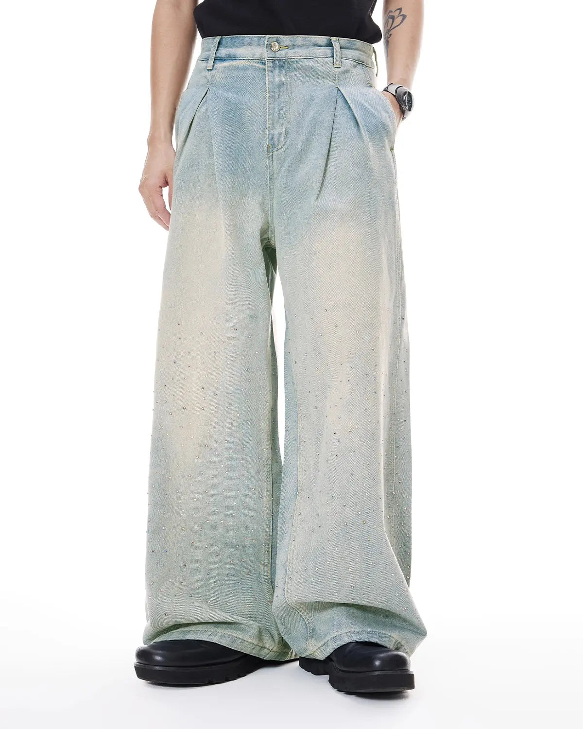 Washed rhinestone baggy jeans from INFLATION Streetwear, featuring a relaxed fit with rhinestone accents and distressed details.