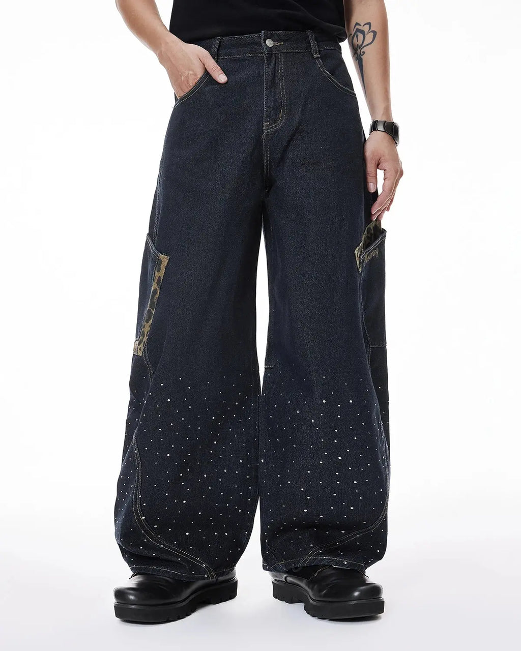 Inflation Leopard Patch Rhinestone Barrel Jeans featuring leopard patches and rhinestone details on stylish streetwear denim.