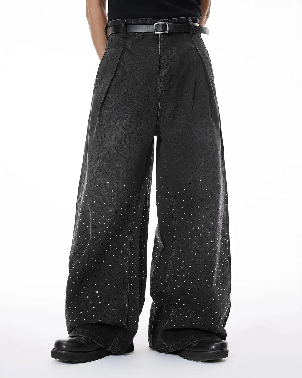Acid washed rhinestone baggy jeans by INFLATION featuring a relaxed fit and sparkling rhinestone details, streetwear style pants