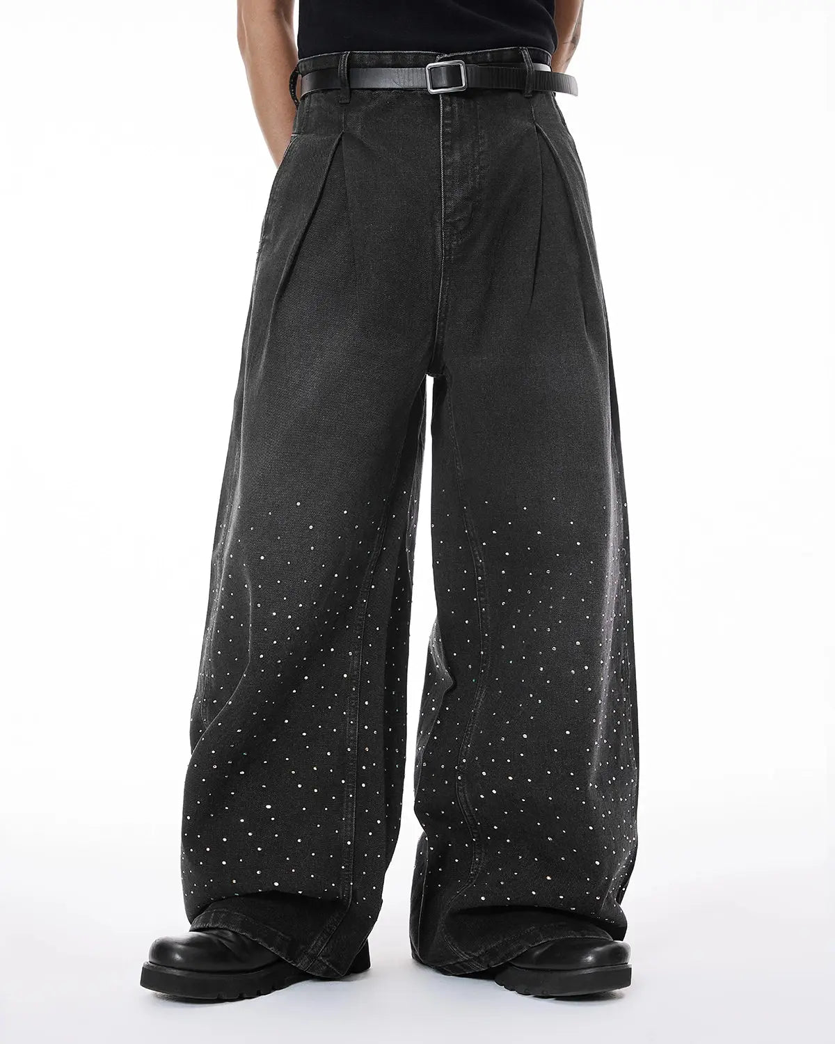 Acid washed rhinestone baggy jeans by INFLATION featuring a relaxed fit and sparkling rhinestone details, streetwear style pants