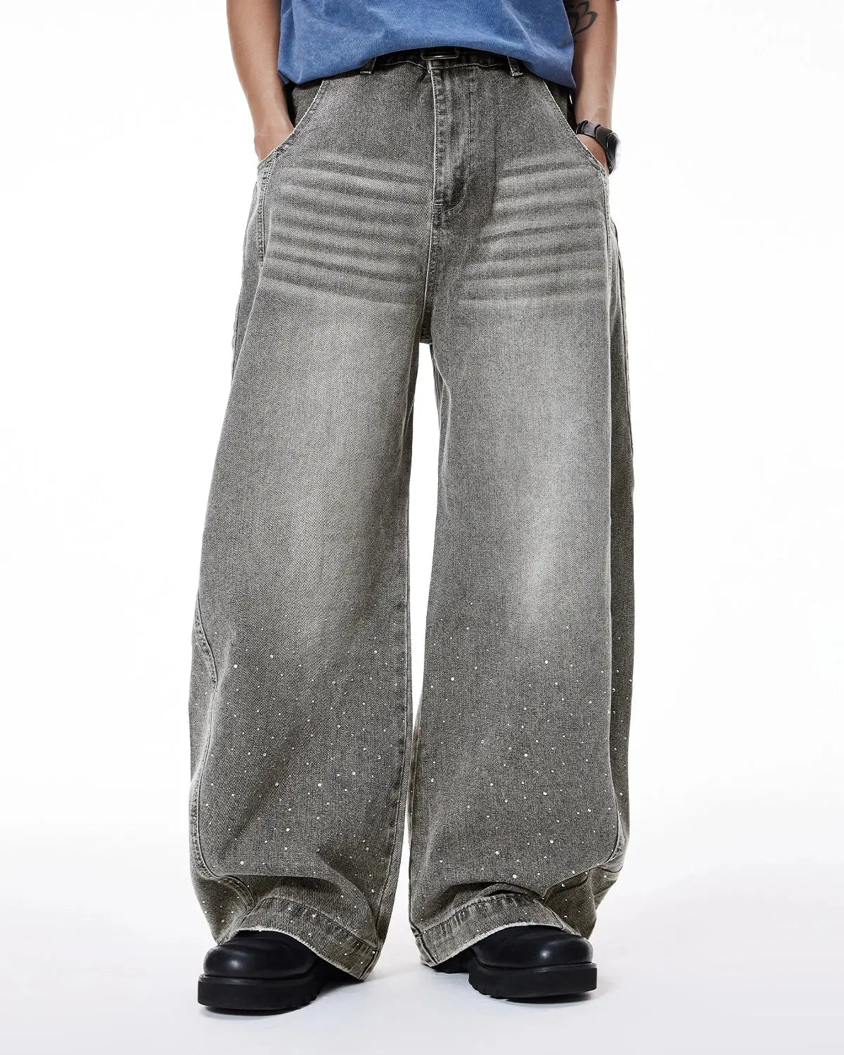 Rhinestone washed barrel jeans from INFLATION, stylish streetwear pants with rhinestone detailing and a relaxed fit.