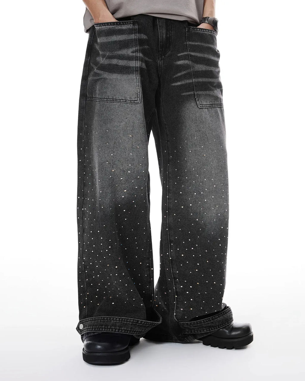 Colorful rhinestone wash baggy jeans by INFLATION featuring vibrant embellishments and relaxed streetwear style.