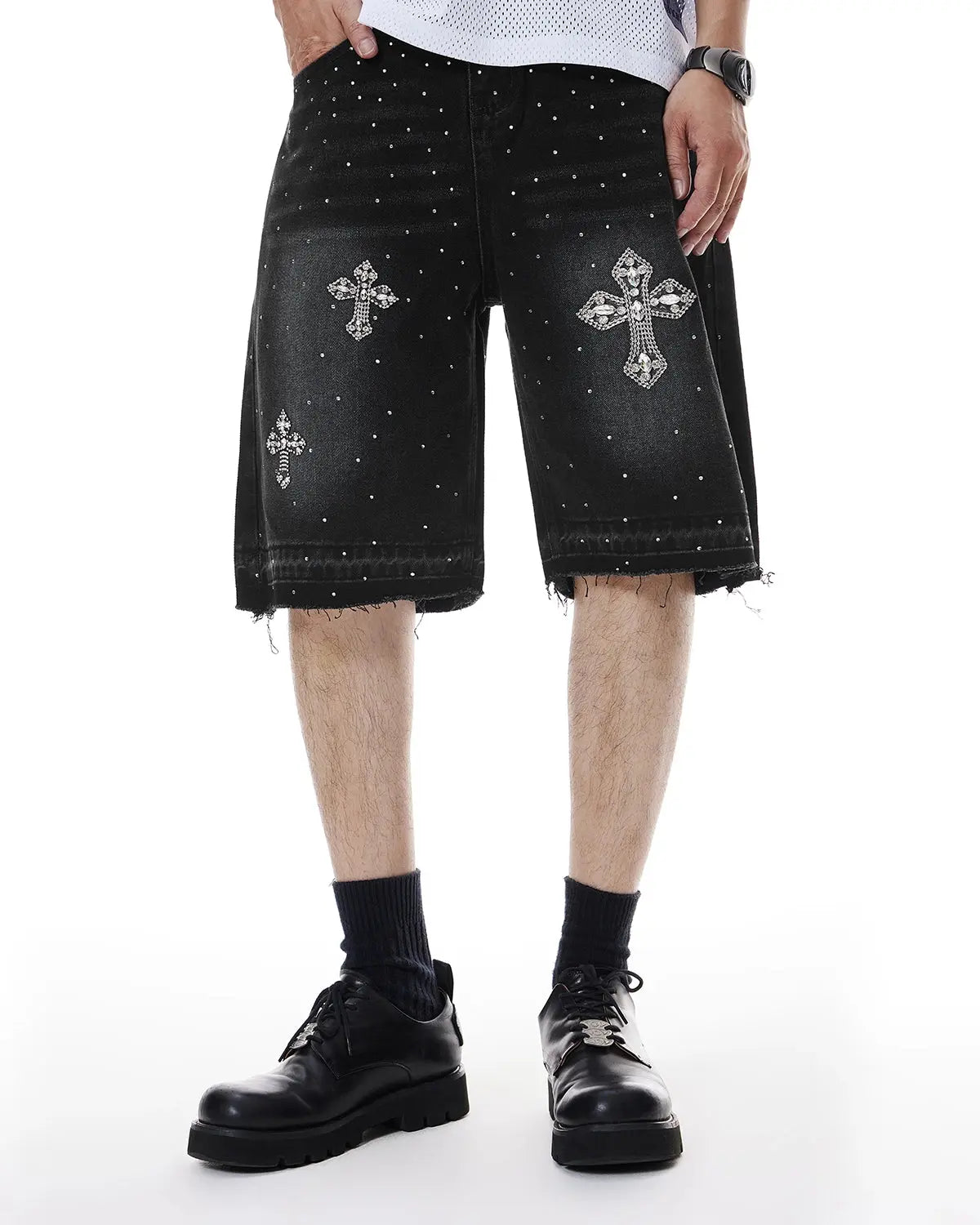 Inflation Rhinestone Straight Leg Jorts, stylish denim pants with rhinestone details, casual streetwear by Inflation.