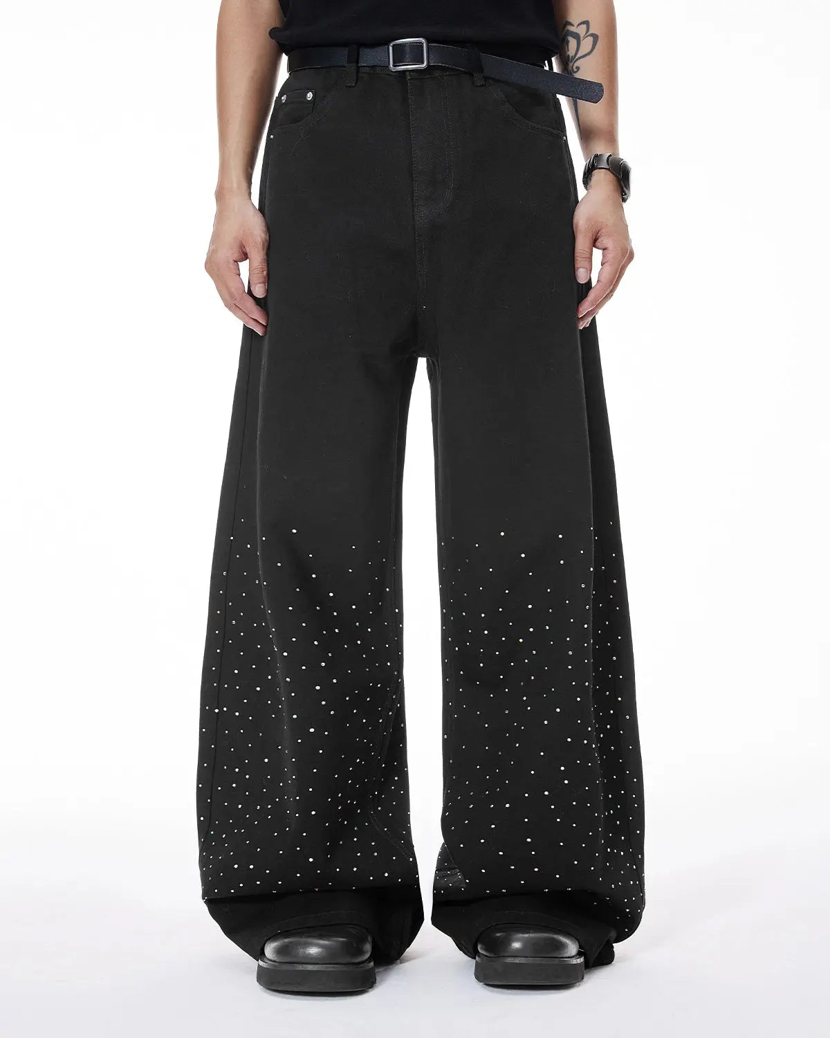 Inflation Chill wide leg rhinestone denim pants with distressed details, styled for a trendy streetwear look.