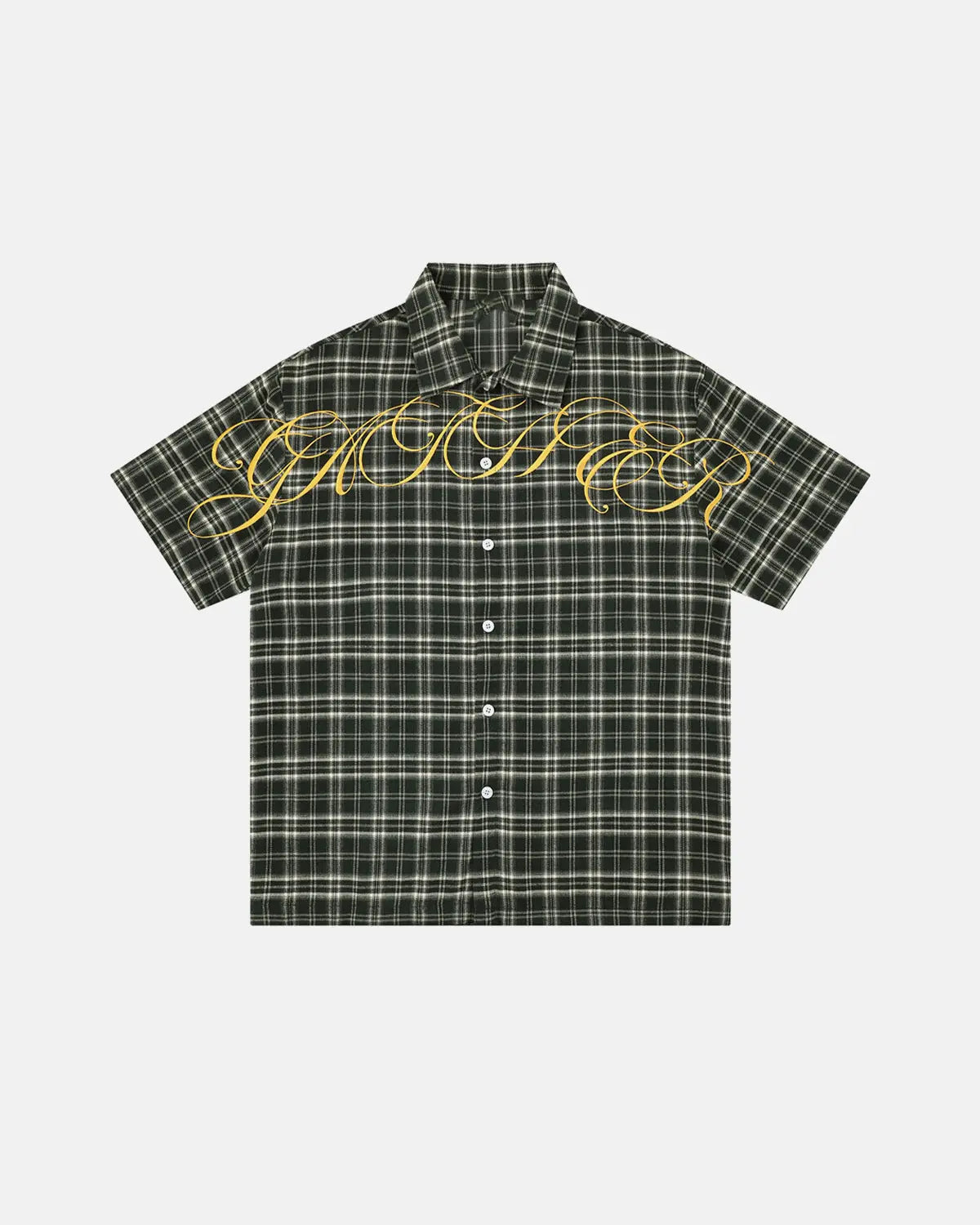 Inflation Streetwear lettering embroidery plaid shirt featuring bold embroidered text on a classic plaid fabric shirt.