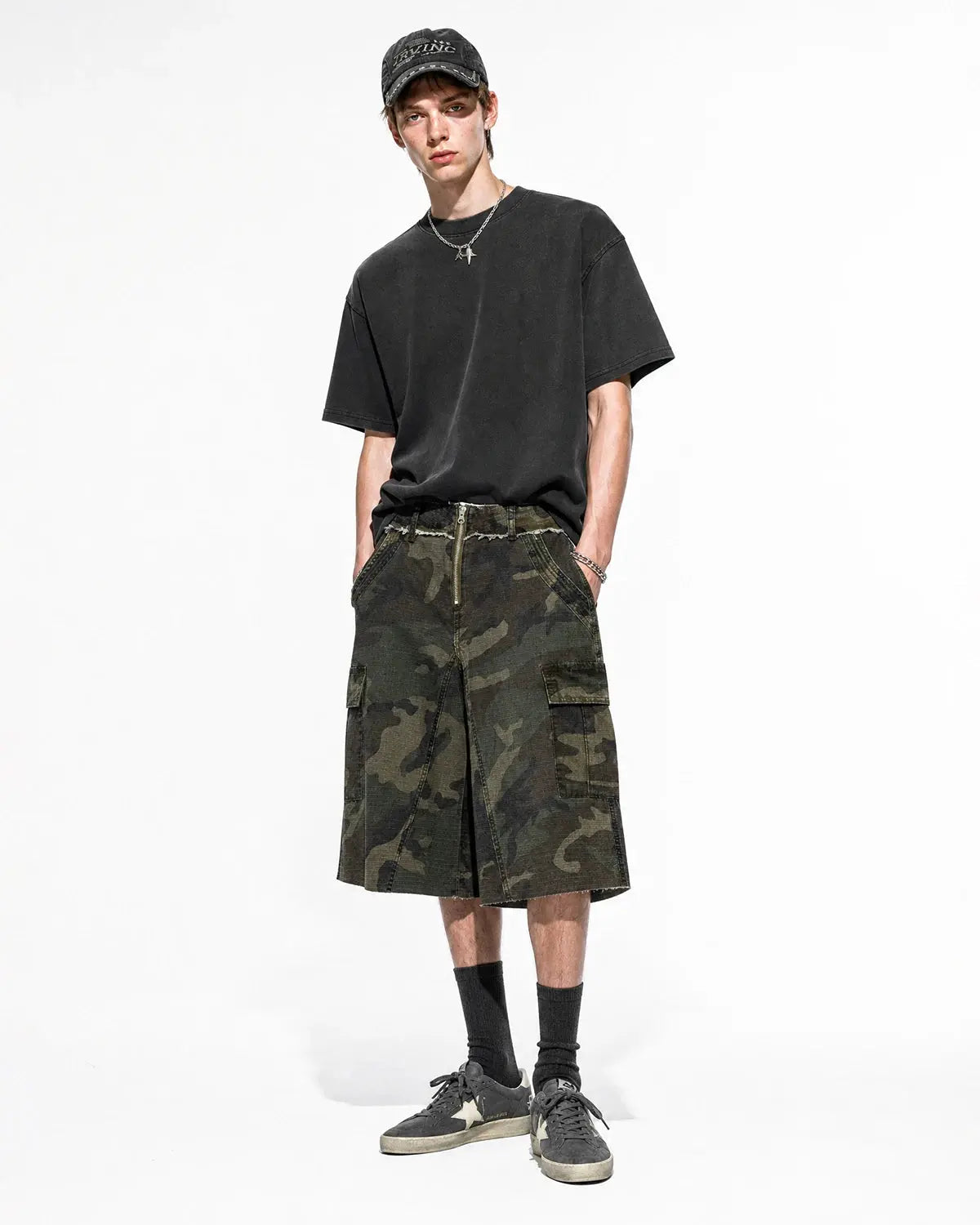 Inflation Camo Utility Longline Shorts featuring a camouflage pattern, utility pockets, and a relaxed fit for streetwear style.