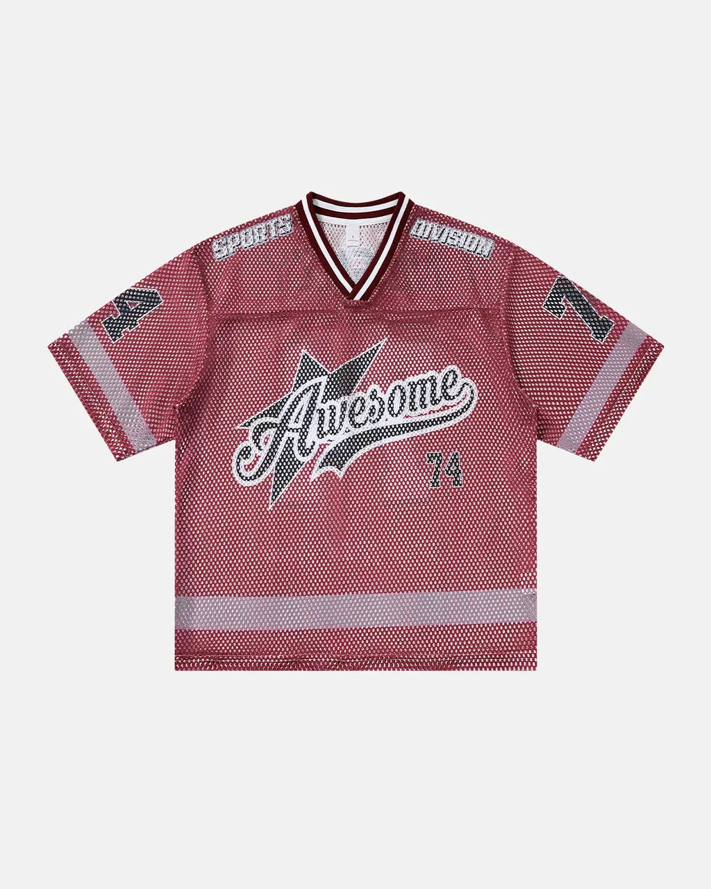 V-neck graphic mesh jersey by INFLATION featuring bold street art designs and lightweight breathable fabric.