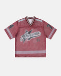 V-neck graphic mesh jersey by INFLATION featuring bold street art designs and lightweight breathable fabric.