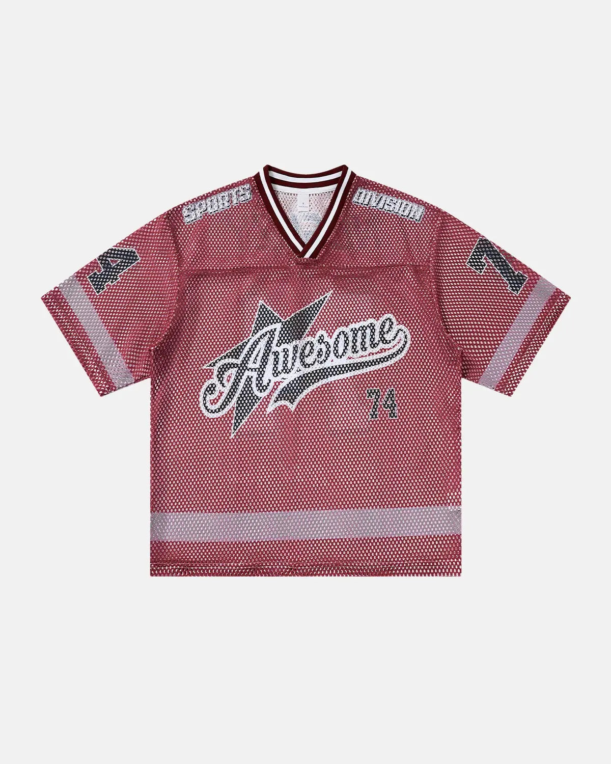 V-neck graphic mesh jersey by INFLATION featuring bold street art designs and lightweight breathable fabric.