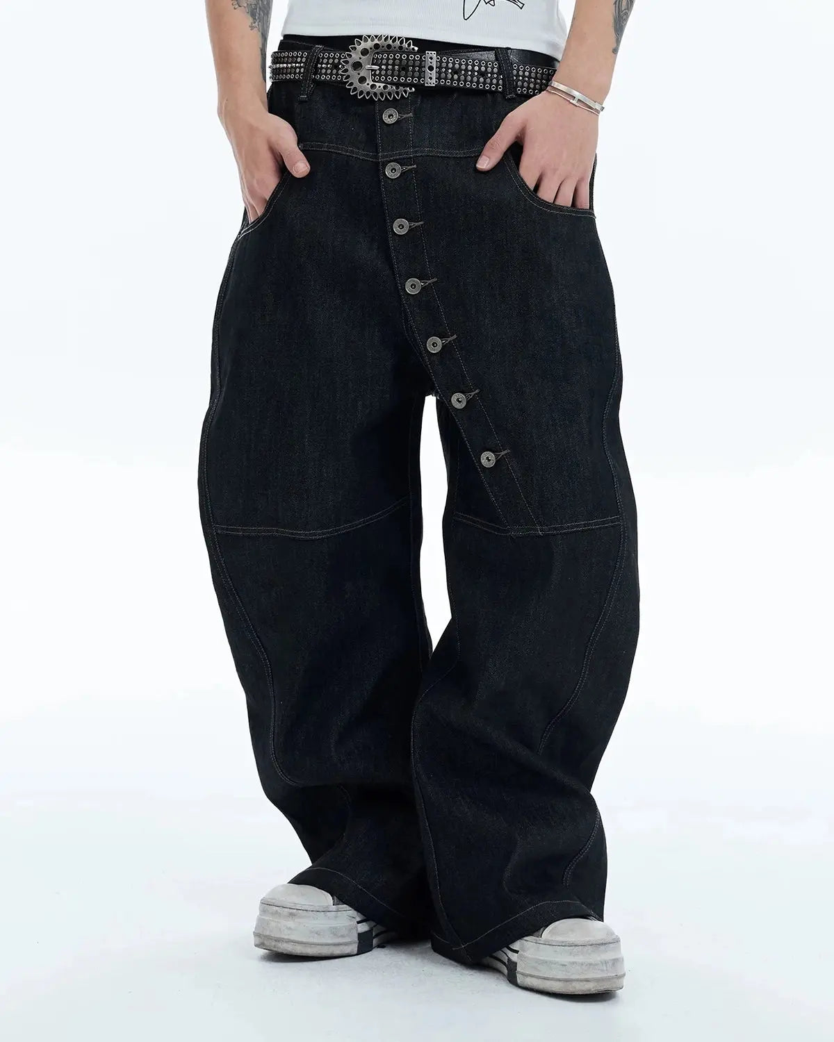 Inflation Streetwear Buttons Up Raw Baggy Jeans featuring a relaxed fit and raw denim finish, displayed on a mannequin.