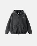 Distressed washed rhinestone zip-up hoodie by INFLATION, featuring a casual streetwear style with rhinestone embellishments and a front zipper.