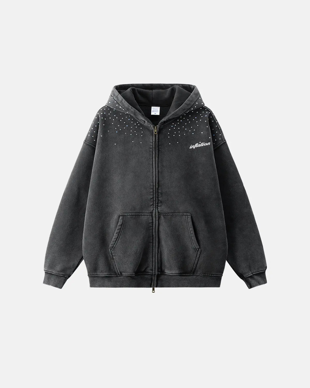 Distressed washed rhinestone zip-up hoodie by INFLATION, featuring a casual streetwear style with rhinestone embellishments and a front zipper.