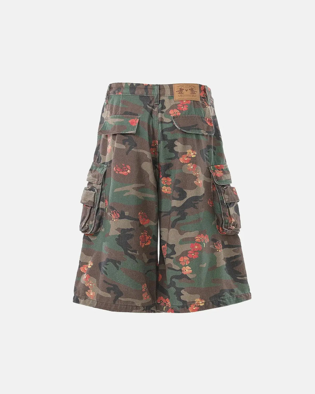 Inflation Floral Camo Cargo Longline Shorts featuring a vibrant floral camouflage pattern and multiple cargo pockets.