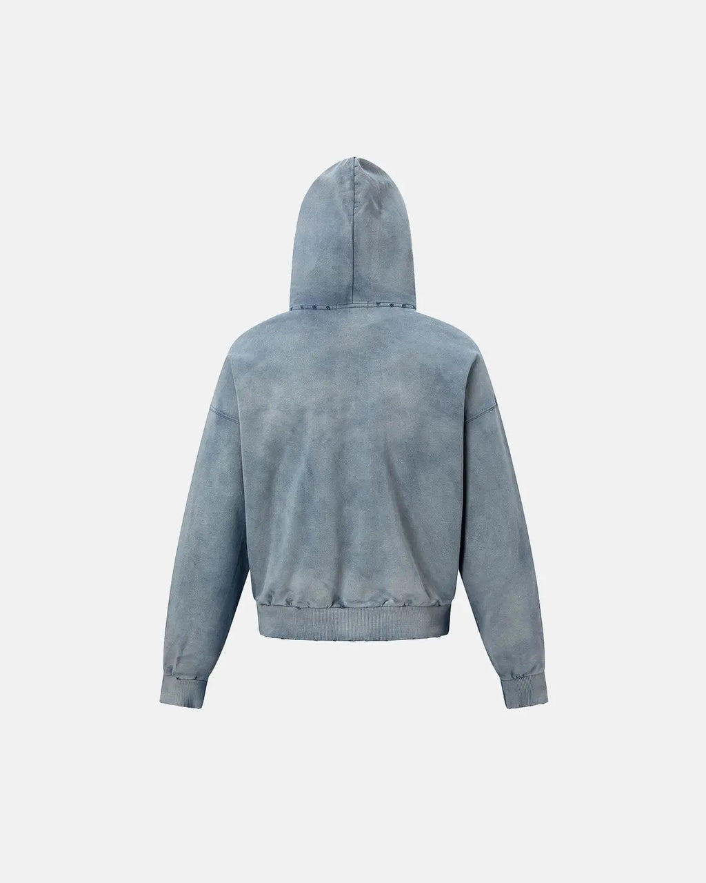 Blue distressed acid wash zip-up hoodie from INFLATION Streetwear, featuring a casual fit and front zipper detail.