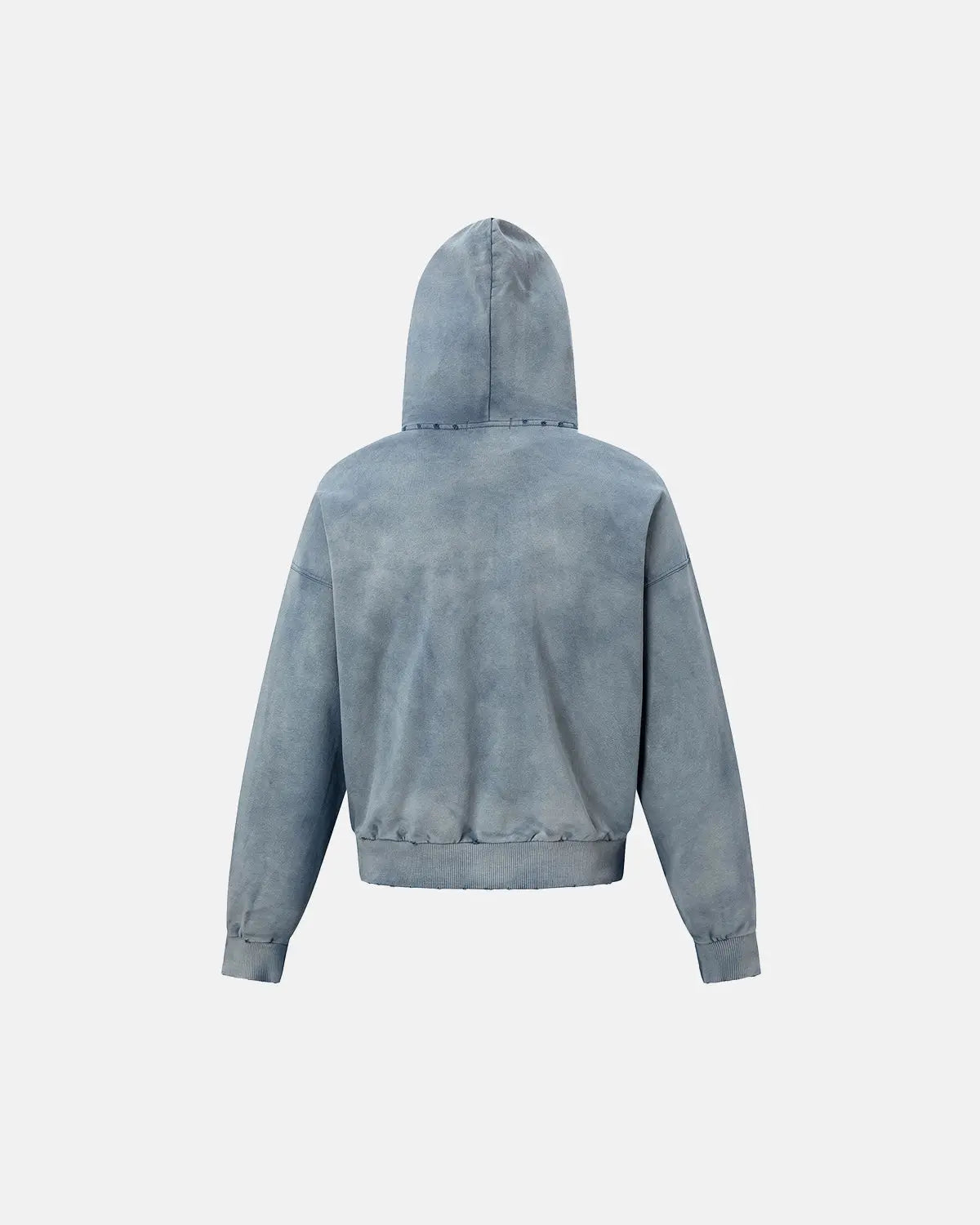 Blue distressed acid wash zip-up hoodie from INFLATION Streetwear, featuring a casual fit and front zipper detail.
