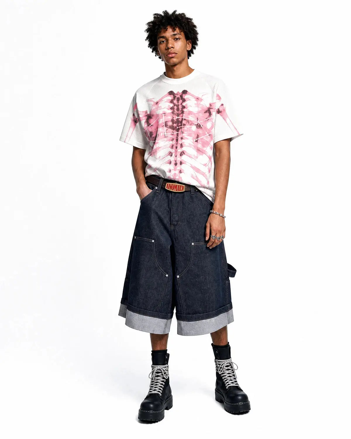 Pink X-ray skeleton boxy T-shirt by INFLATION with a detailed skeleton graphic on the front, casual streetwear style.