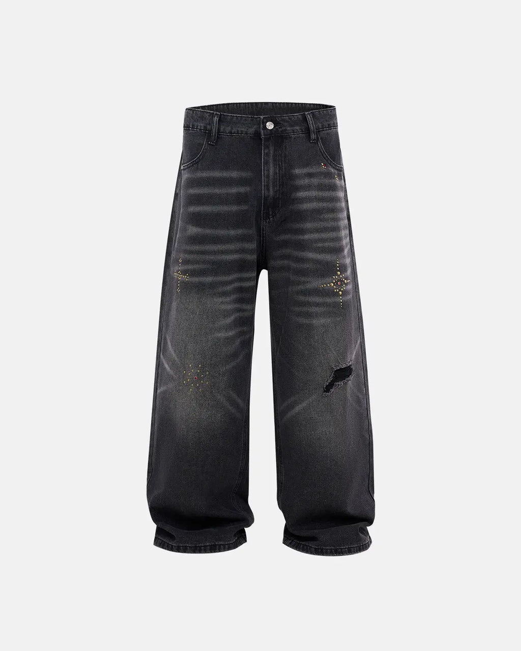 Distressed rhinestone ripped baggy jeans by INFLATION with frayed holes and sparkling rhinestone details, casual streetwear style.