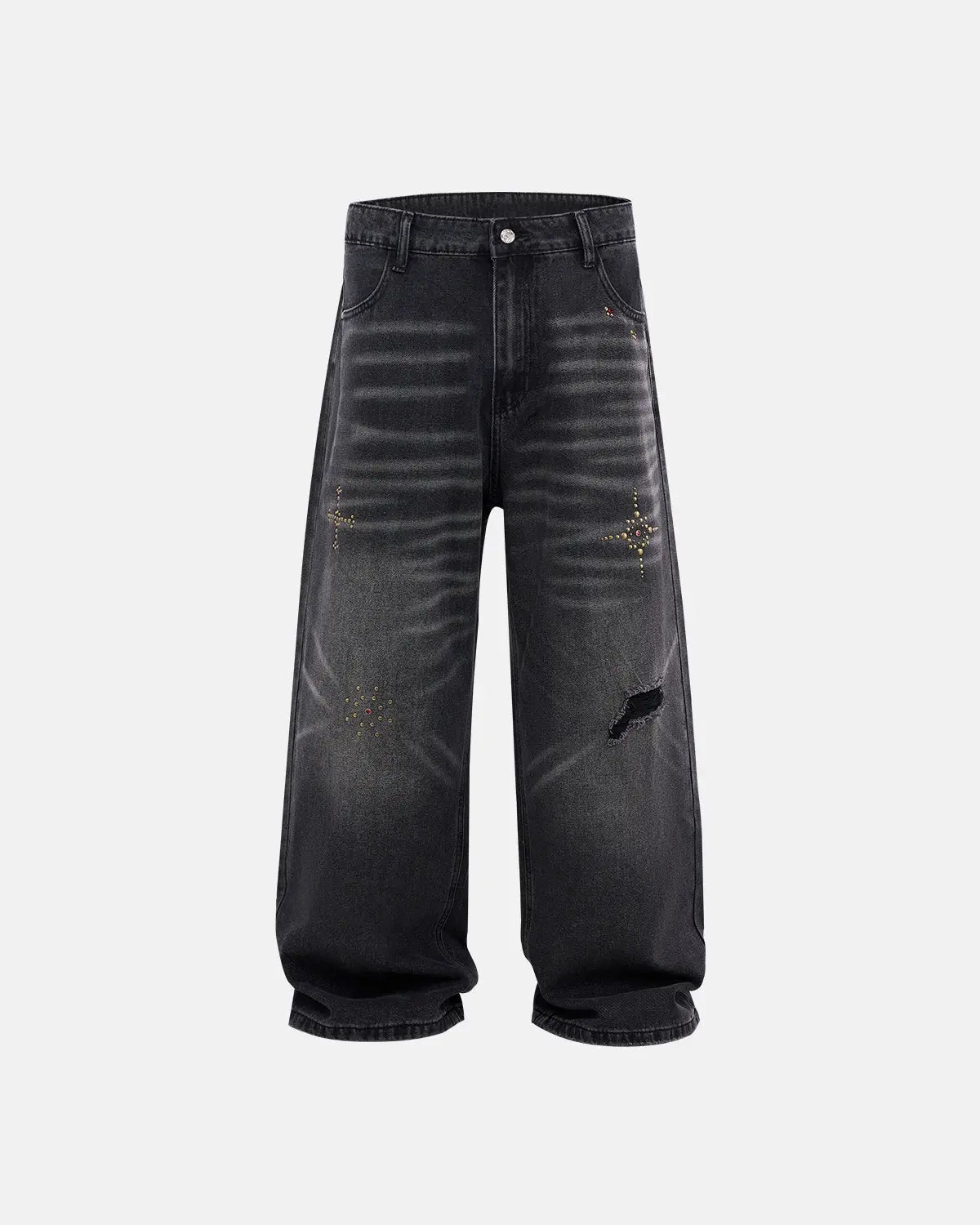Distressed rhinestone ripped baggy jeans by INFLATION with frayed holes and sparkling rhinestone details, casual streetwear style.