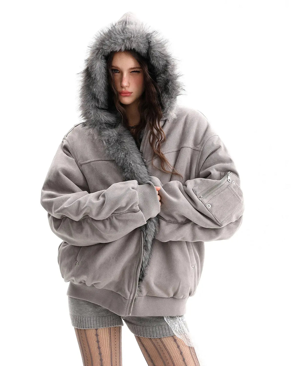 Reversible faux fur hooded jacket from INFLATION Streetwear, showcasing plush fur side and sleek outer fabric in a stylish design.