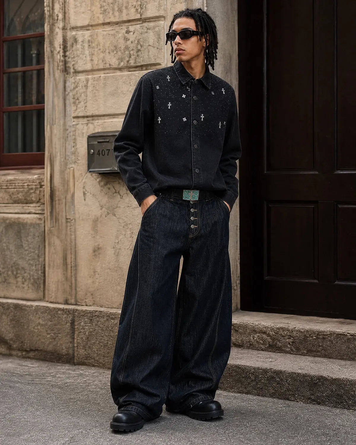 Starry Cross rhinestone washed denim shirt by Inflation Streetwear, casual denim t-shirt with star and cross details.