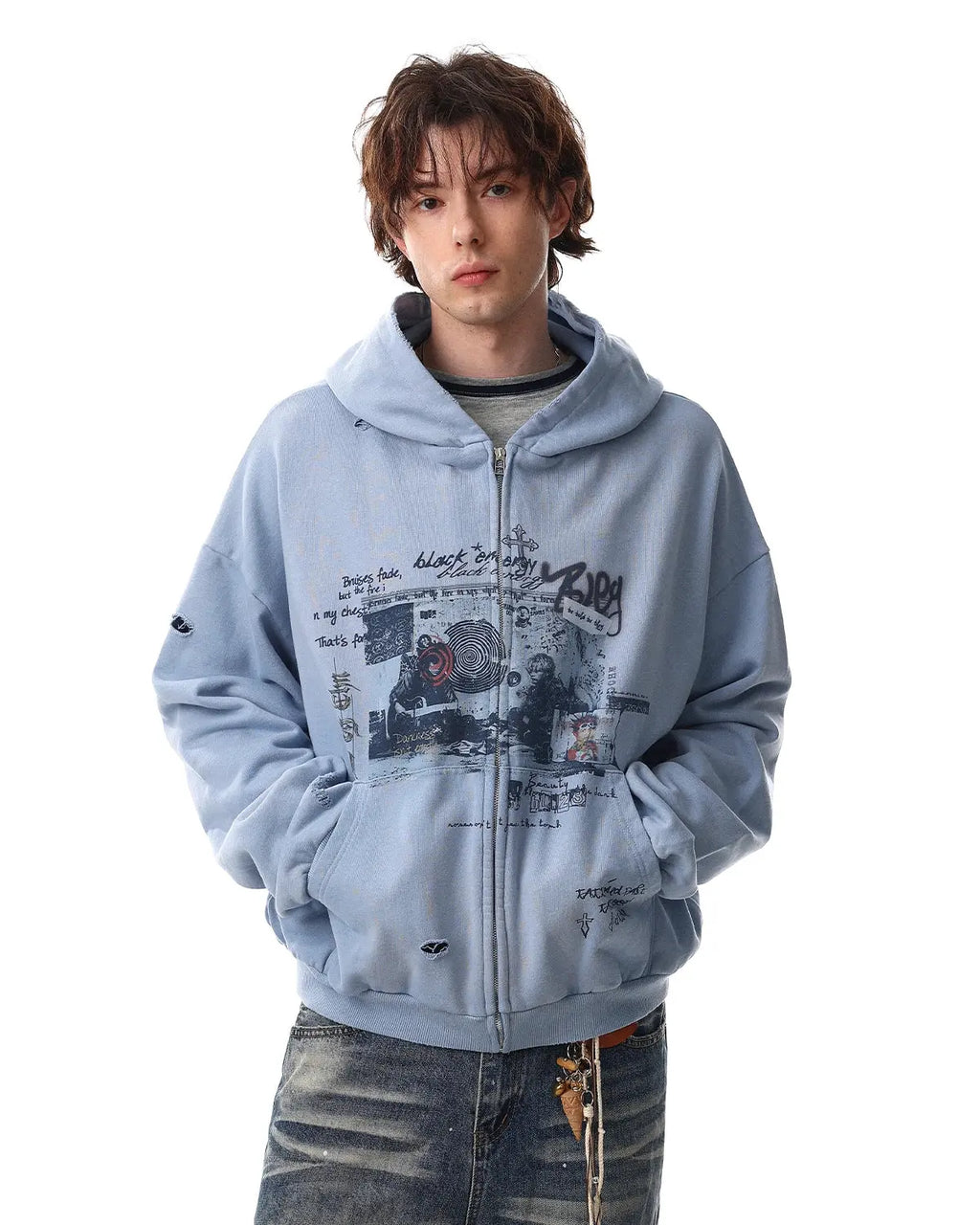 Inflation streetwear graffiti character distressed washed zip hoodie with bold printed design and casual fit, front view.
