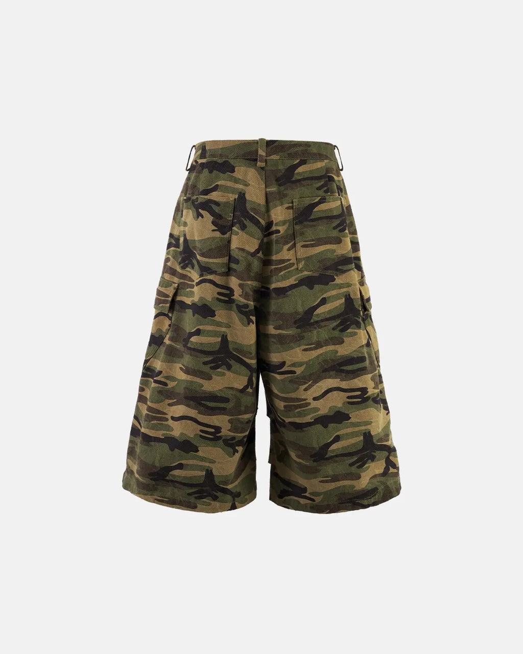 Inflation Camo Cargo Baggy Shorts with multiple pockets and relaxed fit, featuring camouflage pattern and streetwear style.