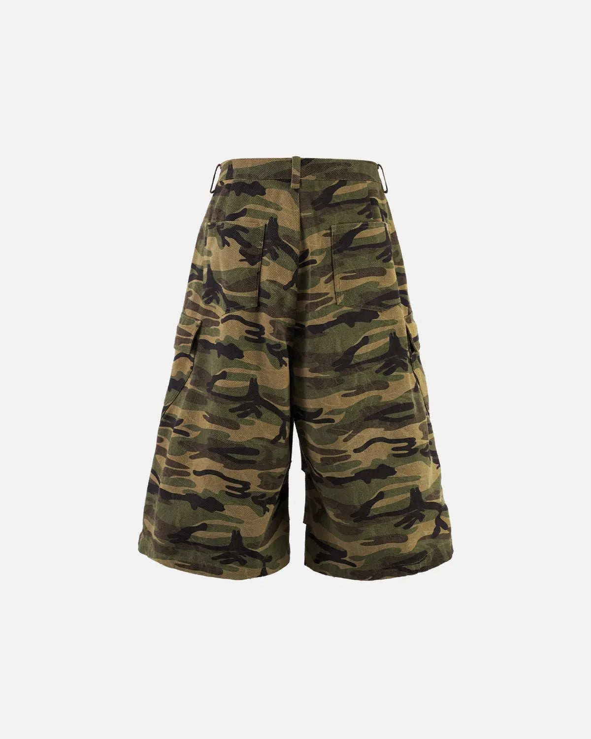 Inflation Camo Cargo Baggy Shorts with multiple pockets and relaxed fit, featuring camouflage pattern and streetwear style.