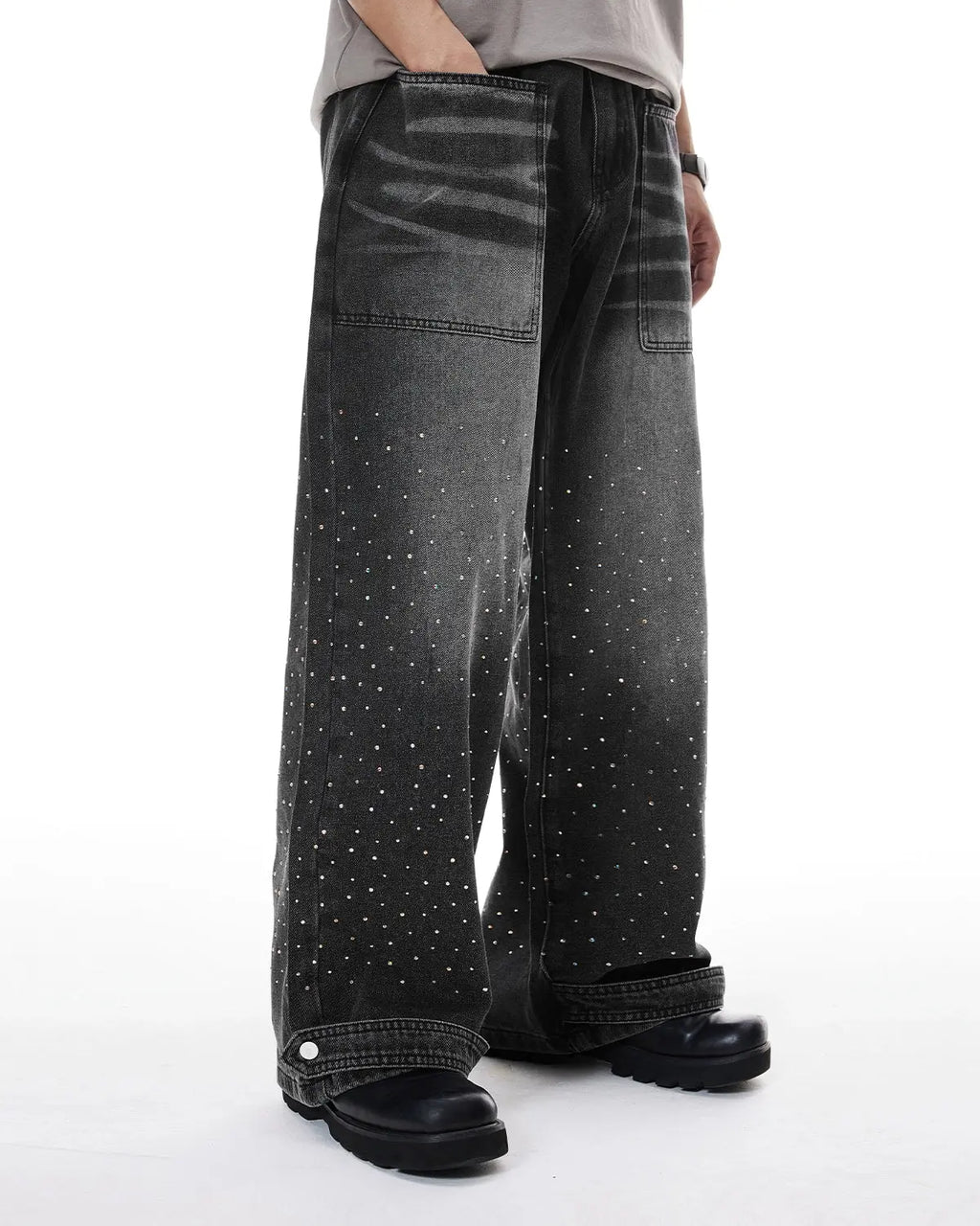 Colorful rhinestone wash baggy jeans from INFLATION Streetwear featuring vibrant embellishments and relaxed fit style.
