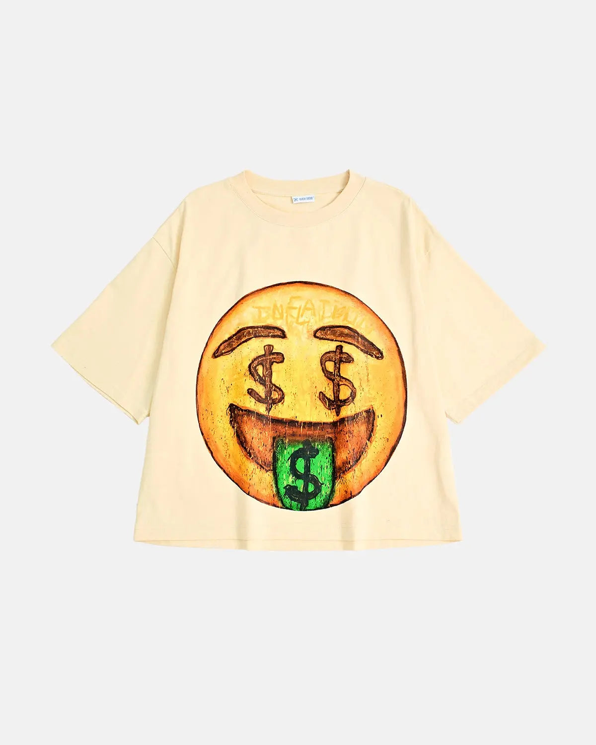 Black Boxy Smile Graphic T-Shirt by INFLATION featuring a bold smiley face design on soft cotton fabric.
