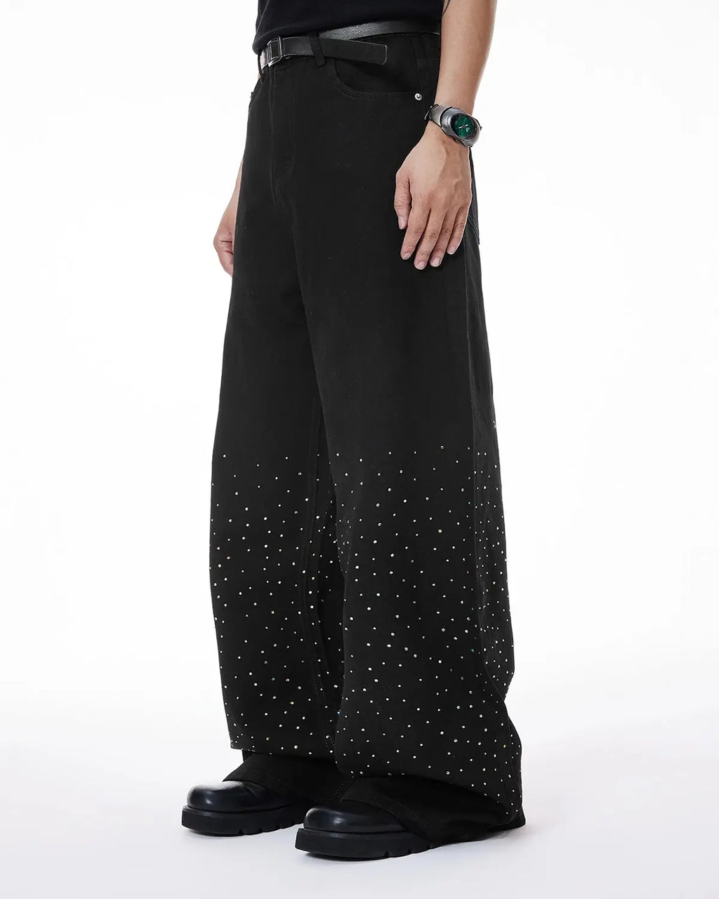 Chill Wide Leg Rhinestone Denim Pants by INFLATION, featuring wide cut and sparkling rhinestone embellishments on denim fabric.