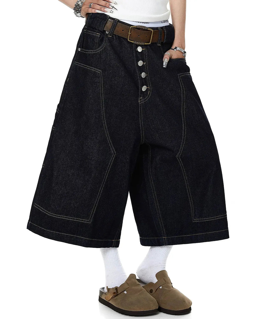 Inflation Streetwear Cinch Back Buttons Up Cargo Jorts featuring rugged denim, cargo pockets, and adjustable waist for a casual look.