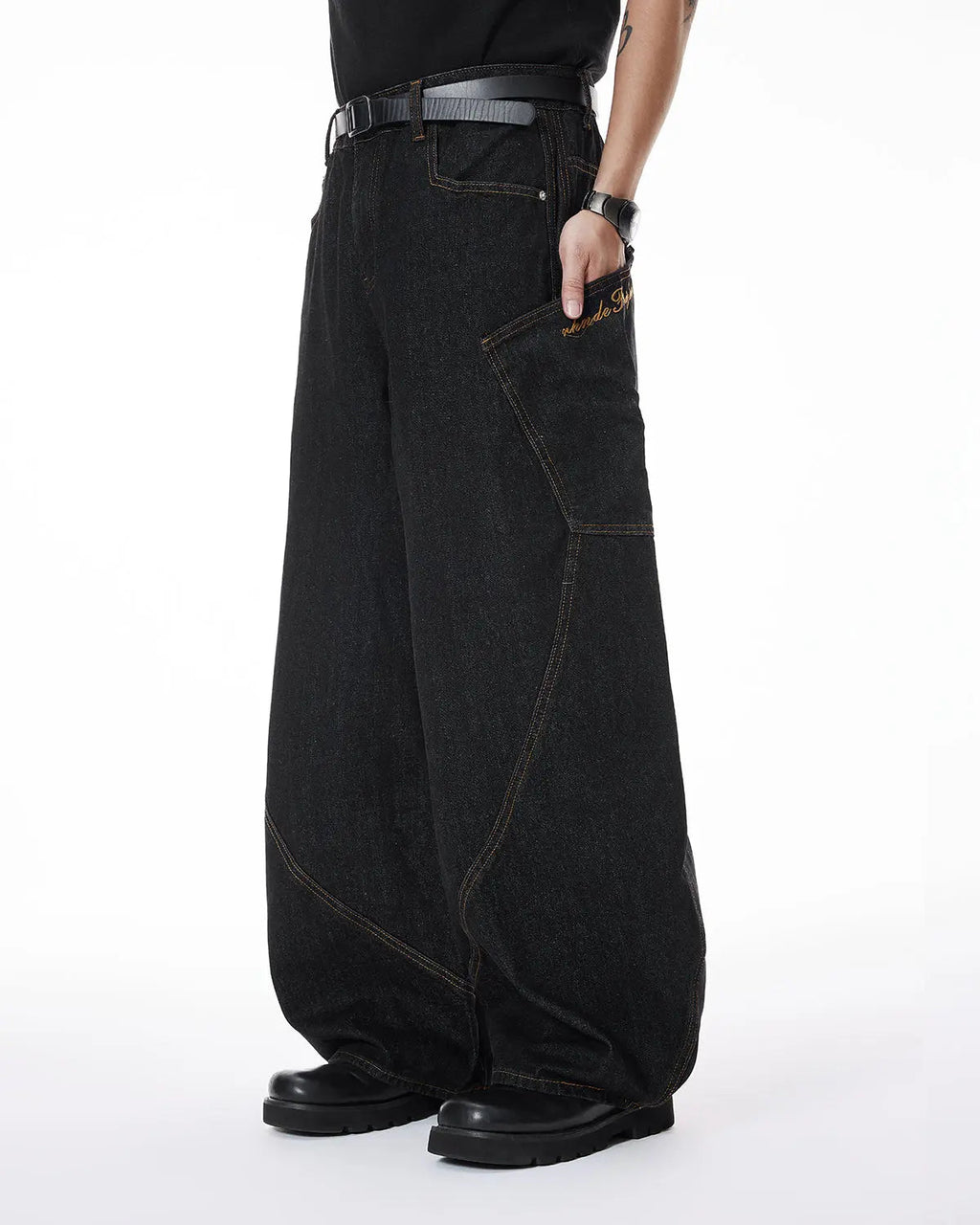 Colorful rhinestone raw barrel jeans by INFLATION Streetwear featuring vibrant embellishments and distressed denim style.