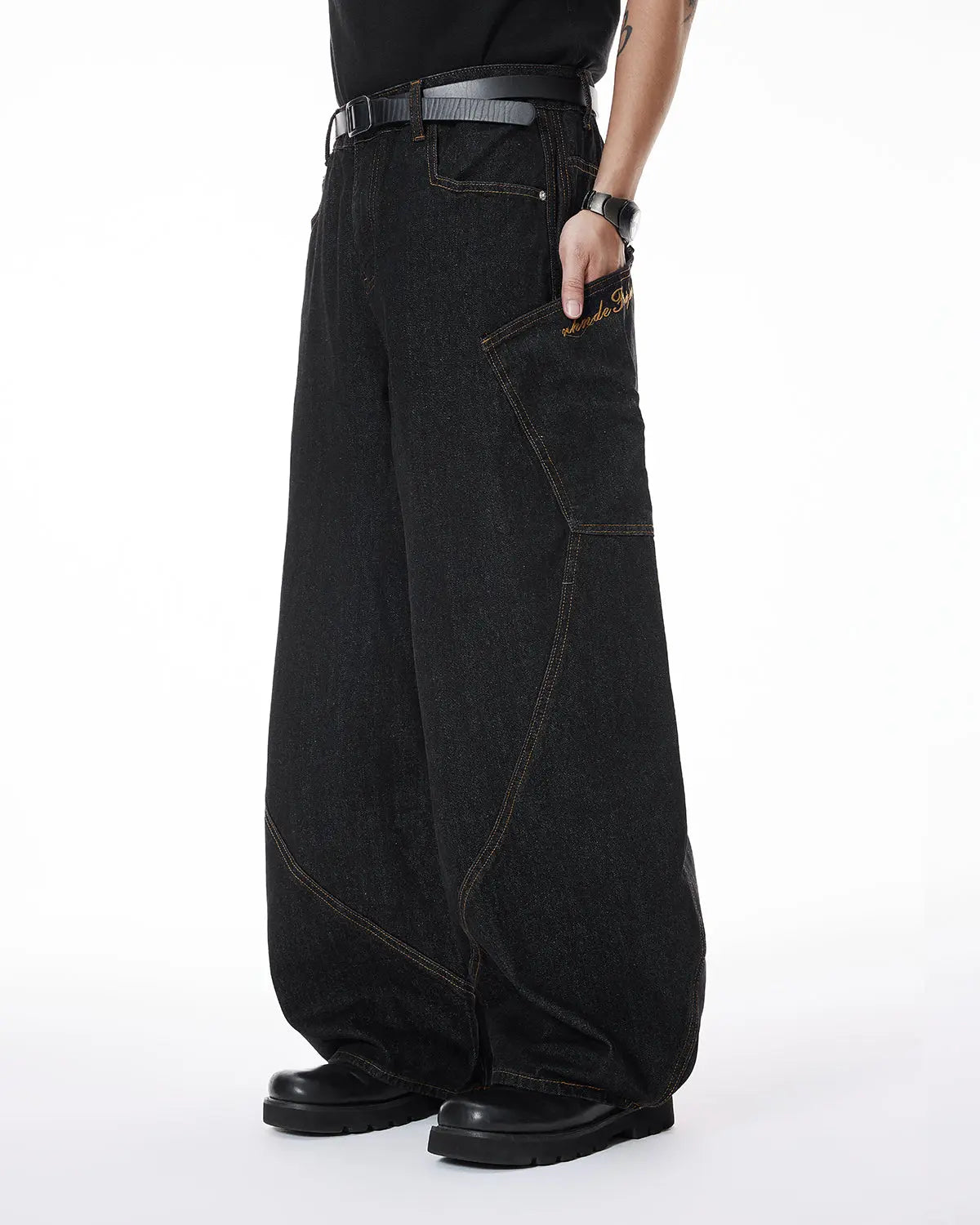 Colorful rhinestone raw barrel jeans by INFLATION Streetwear featuring vibrant embellishments and distressed denim style.