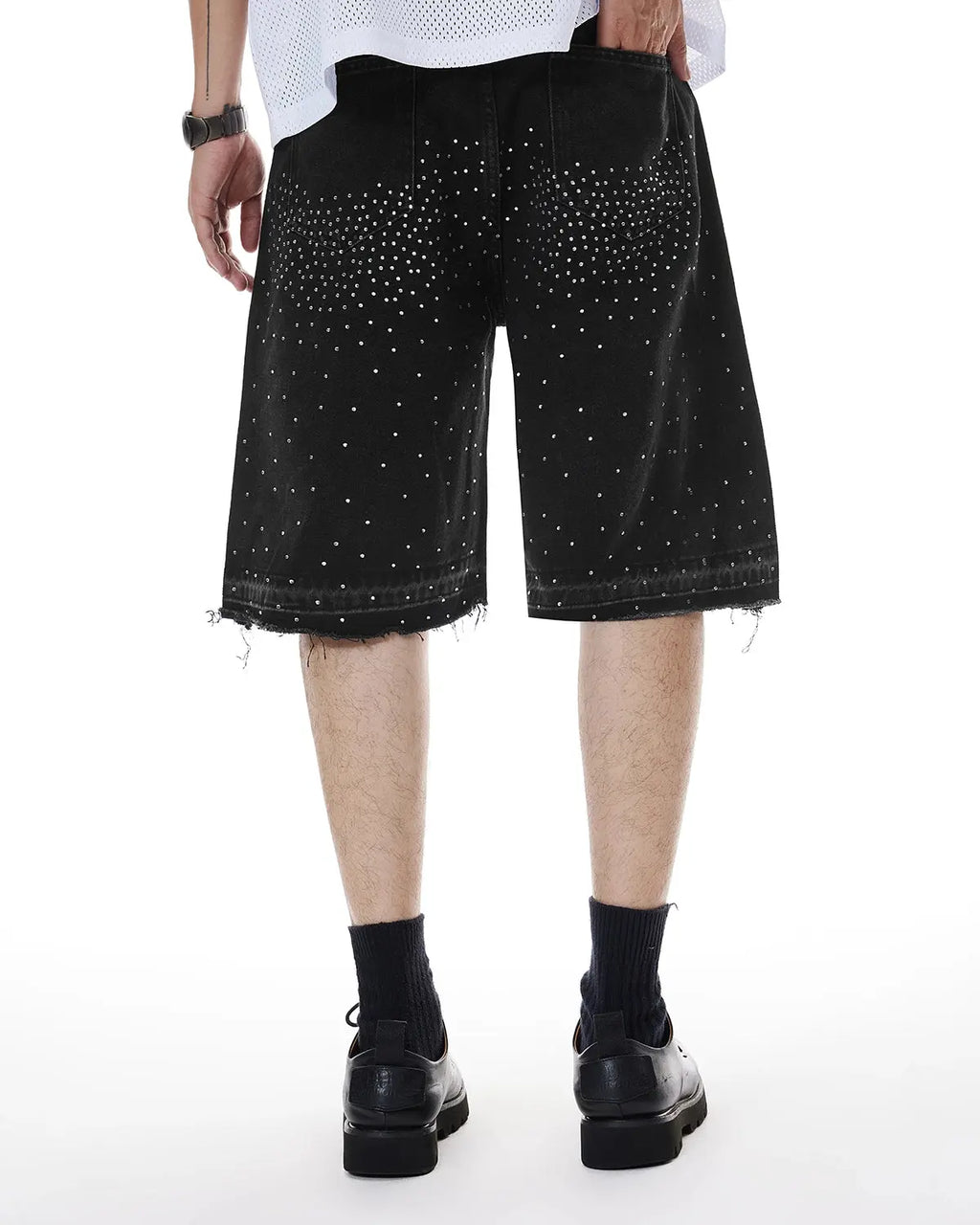 Inflation Rhinestone Straight Leg Jorts, stylish denim pants with sparkling rhinestone details and a straight leg design.