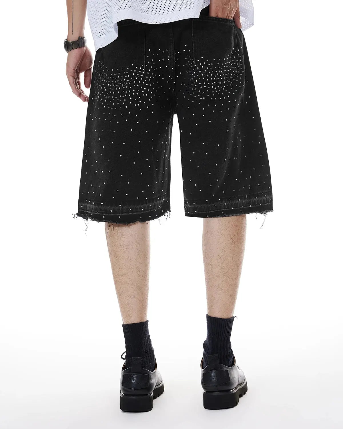 Inflation Rhinestone Straight Leg Jorts, stylish denim pants with sparkling rhinestone details and a straight leg design.