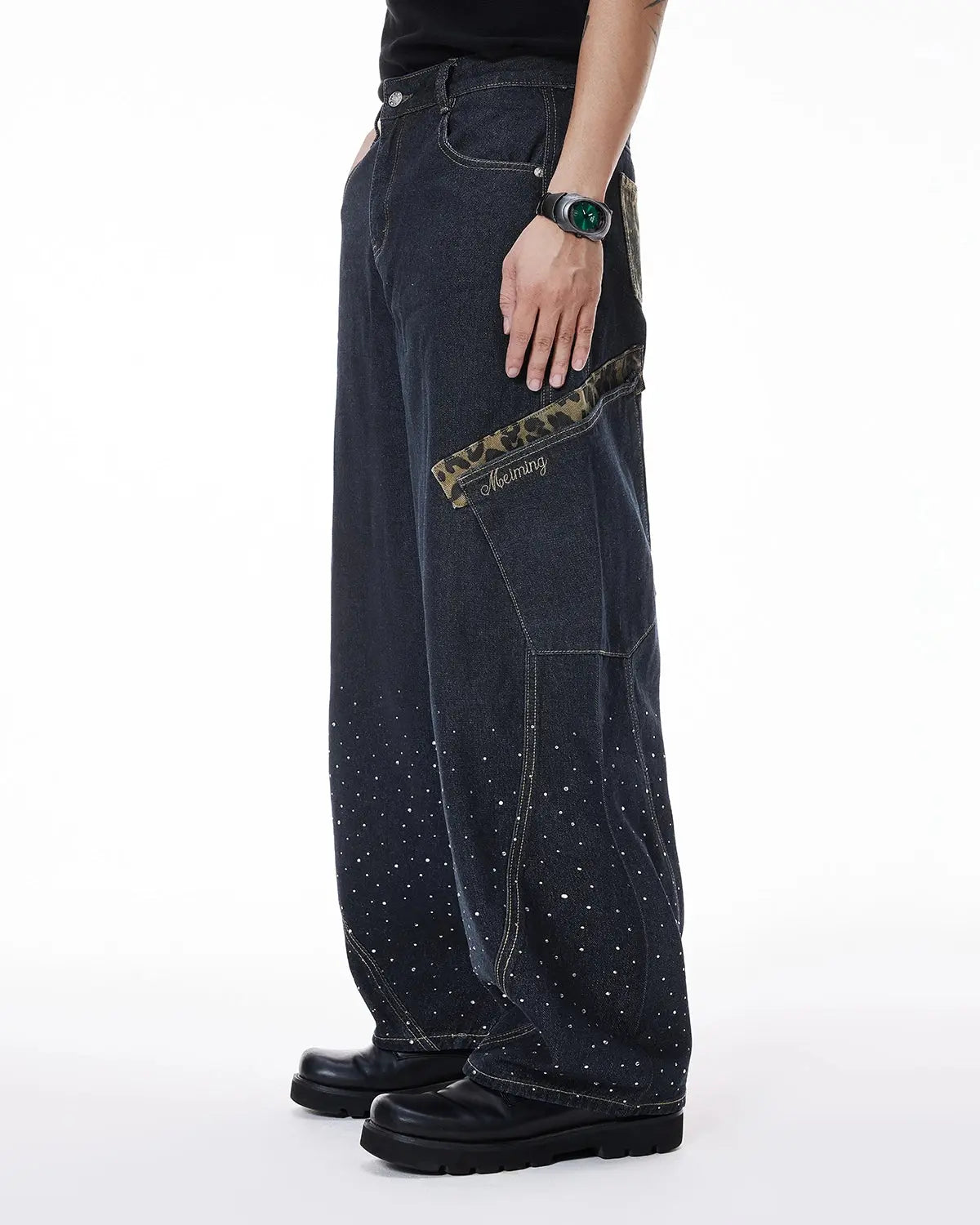 Leopard patch rhinestone barrel jeans by INFLATION featuring leopard print patches and rhinestone embellishments on denim.