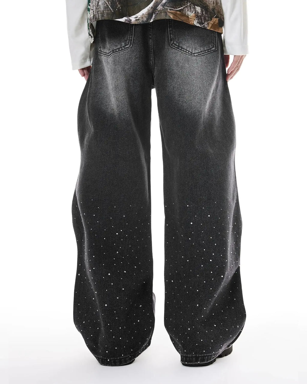 Inflation Rhinestone Wavy Baggy Jeans with streetwear style, featuring rhinestone embellishments and a relaxed, baggy fit.